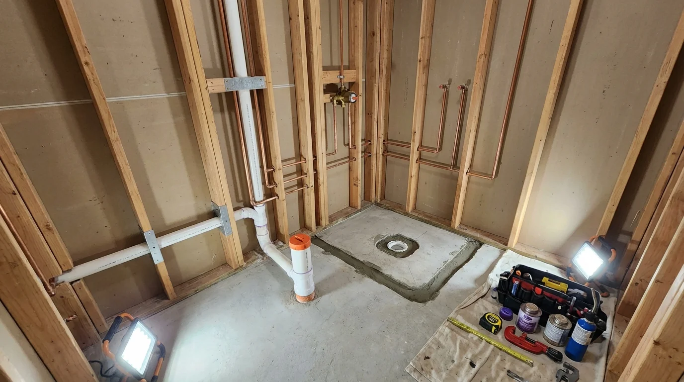 Bathroom rough-in plumbing during remodel by Johns Plumbing LLC in Waimanalo