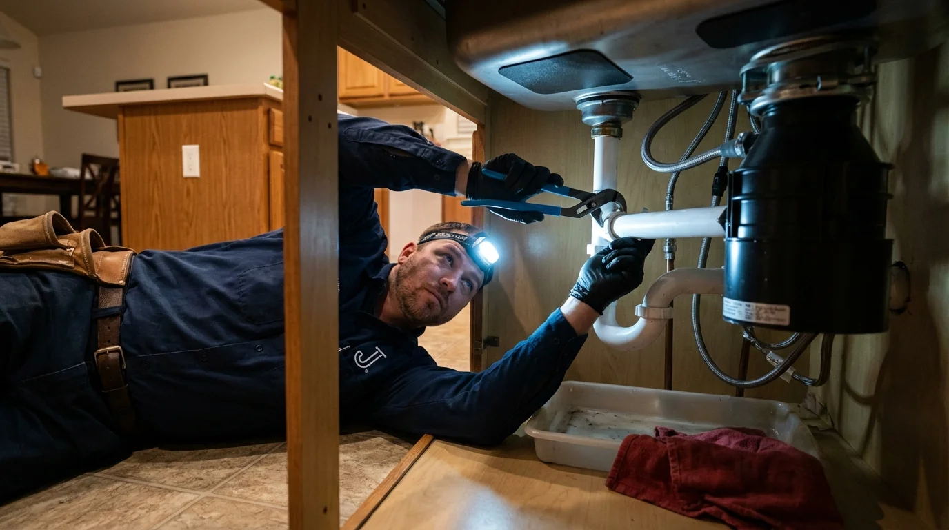 P-trap and supply line connections under a kitchen sink showing a common leak point in Waimanalo, HI
